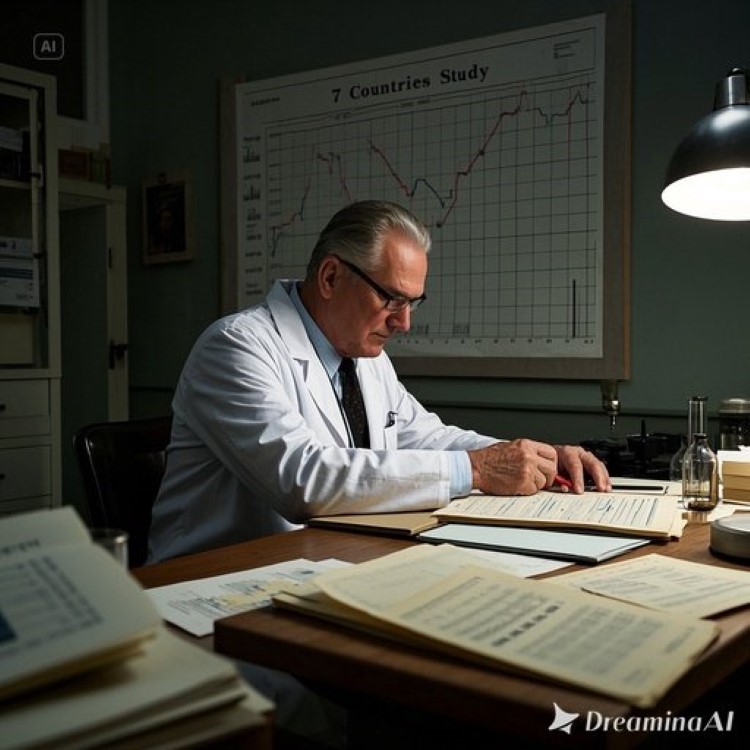 1950년대 분위기의 연구실에서 안셀 키스를 연상시키는 중년 남성 과학자가 그래프와 데이터를 조작하고 있는 모습. 책상 위에는 여러 국가의 데이터가 적힌 서류들이 흩어져 있고, 일부는 빨간 펜으로 제외 표시가 되어 있음. 배경에는 "7 Countries Study"라고 적힌 차트가 보이며, 전체적으로 과학의 정치화와 데이터 조작을 암시하는 어두운 톤의 이미지.