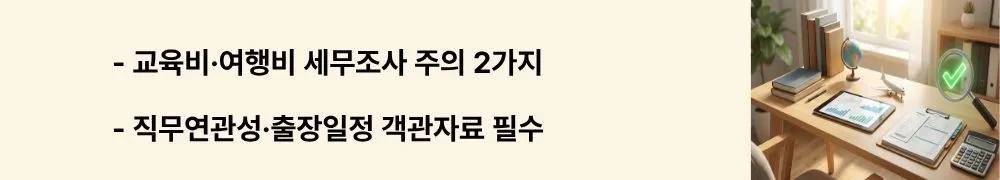 교육비·여행비 세무조사 주의 2가지라는 문구가 포함된 웹배너 이미지. 이 이미지는 교육훈련비 및 도서비의 직무 연관성, 여행·숙박·세미나 비용의 출장 목적 입증 방법을 시각적으로 전달하며, 블로그의 종합소득세 규정성 경비 처리와 관련된 내용을 설명함