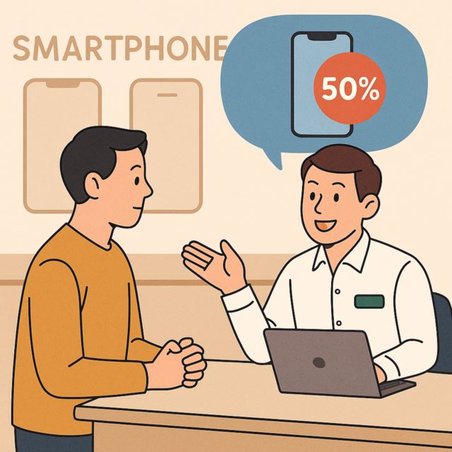 스마트폰 매장 상담, 할인 프로모션 광고, 위약금 안내 다이어그램