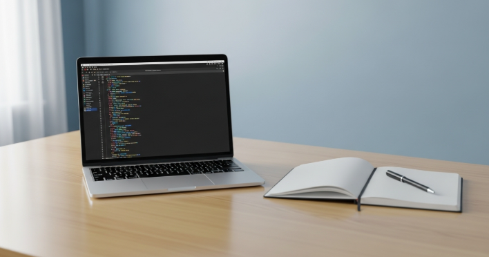 디지털 방해 요소 없이 깔끔하게 정리된 책상과 노트북, 노트, 펜이 놓여 있어 몰입형 작업을 위한 이상적인 환경을 보여주는 이미지.