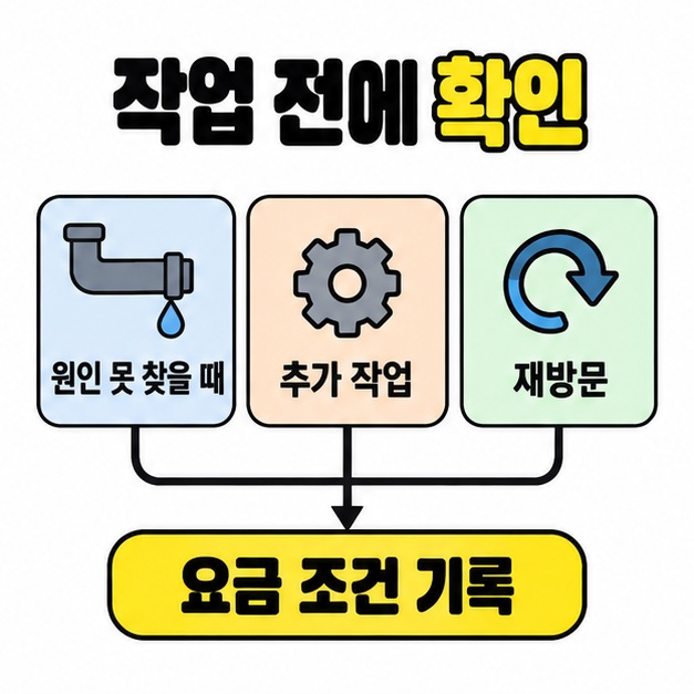 원인 못 찾을 때, 추가 작업, 재방문의 세 조건을 노란색 요금 조건 기록 문구로 연결한 사전 확인 도식