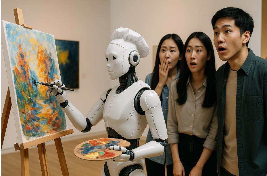 AI 로봇 화가가 미술관에서 캔버스에 그림을 그리고, 관람객이 놀라움 속에 바라보는 장면
