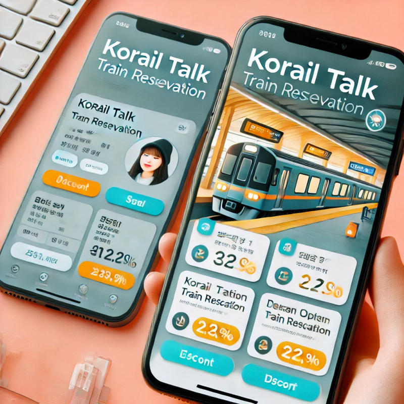 코레일톡 앱에서 열차 예약 시 할인 옵션이 적용된 스마트폰 인터페이스를 보여주는 디자인