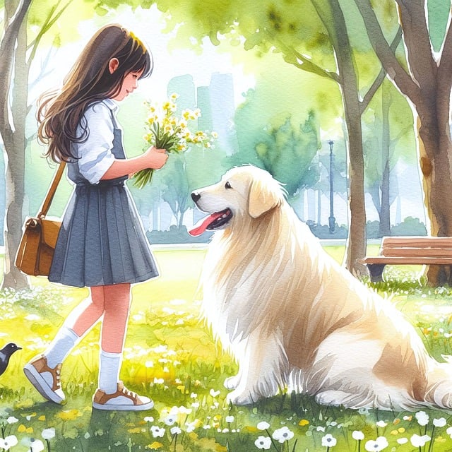 강아지와 소녀가 같이 있는 그림