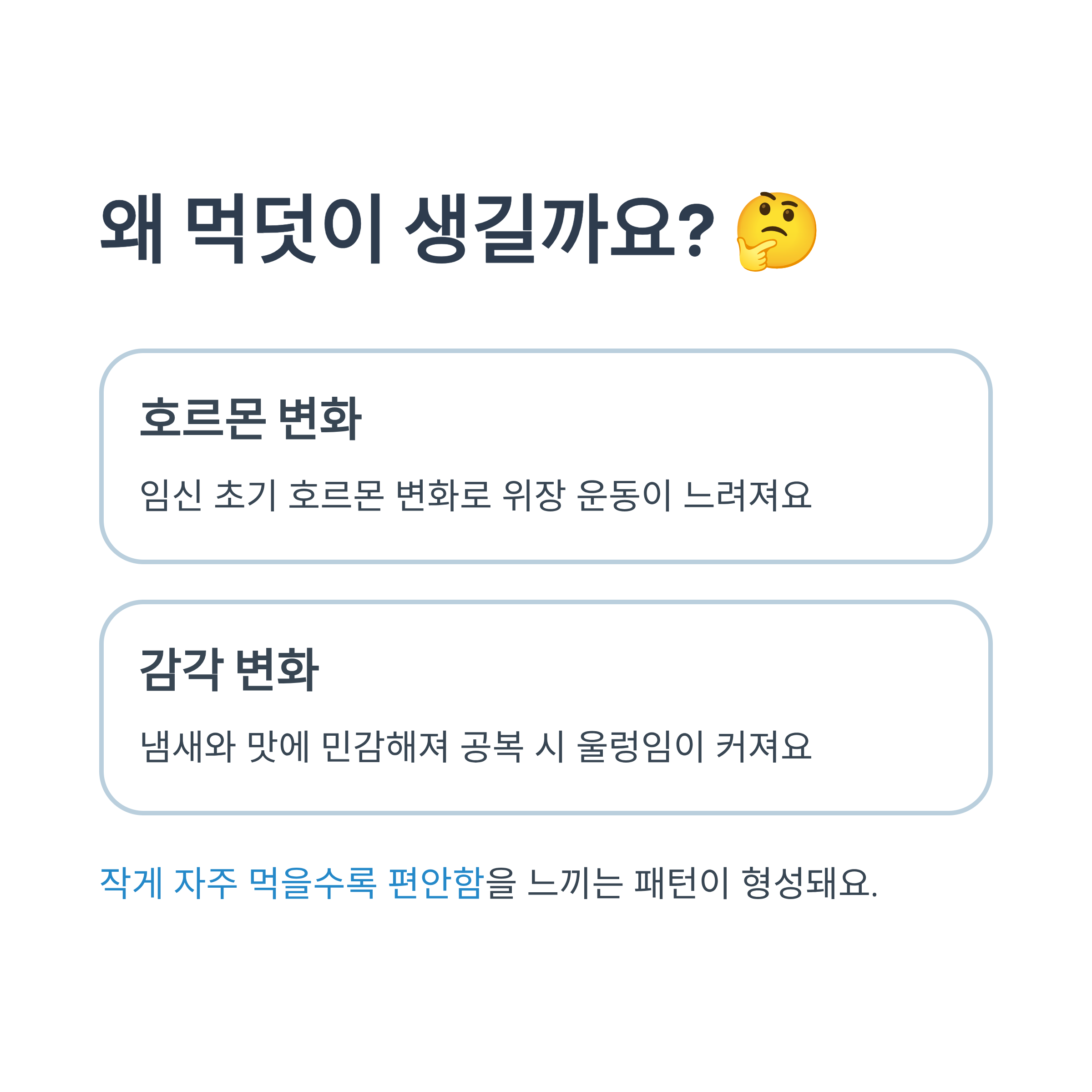 임신 중 먹덧이 생기는 원인(호르몬 변화, 감각 변화)을 설명한 인포그래픽