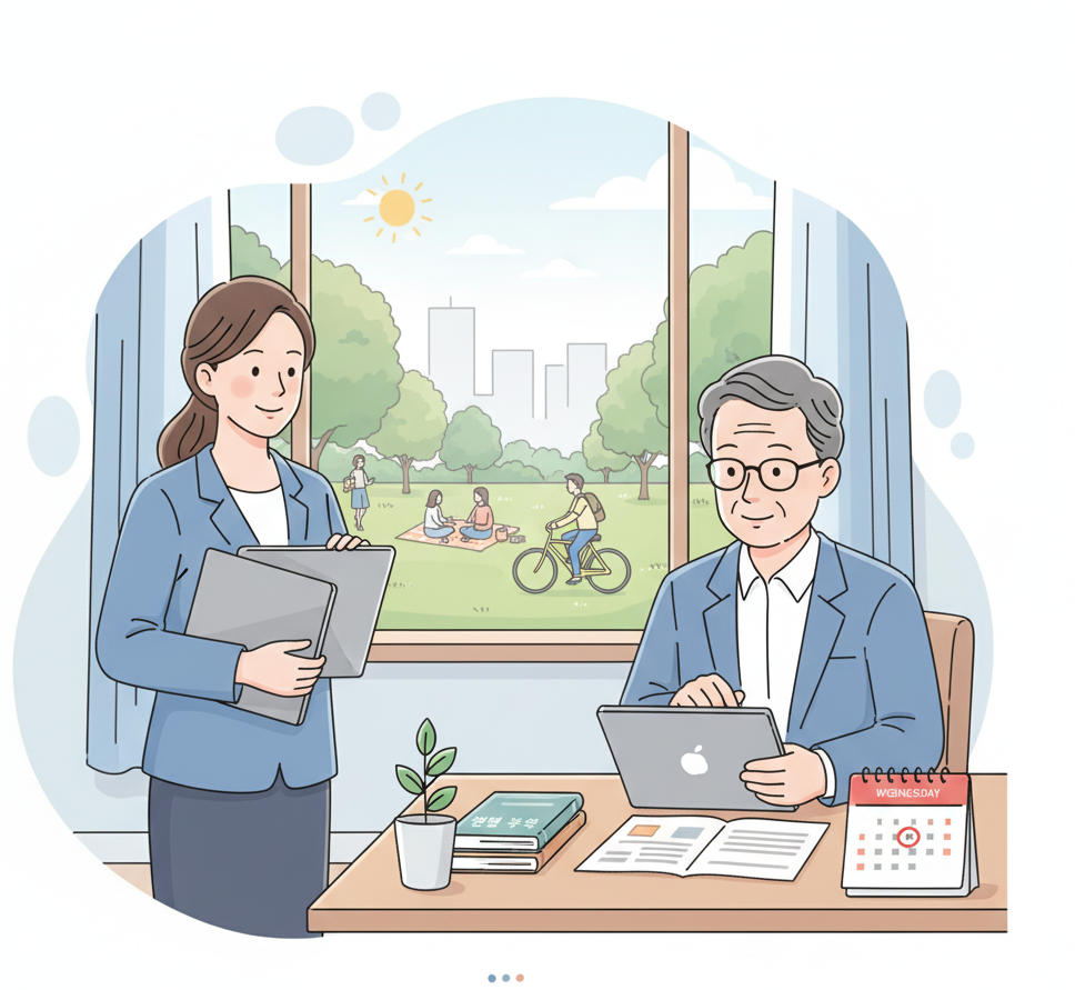 사무실에서 나이 든 남성과 젊은 여성이 함께 일하는 모습. 창밖으로는 공원에서 사람들이 피크닉을 즐기고 자전거를 타는 여유로운 풍경이 보인다. 일과 삶의 균형, 정년 연장을 통한 세대 조화, 그리고 여가 활동의 중요성을 상징하는 일러스트.