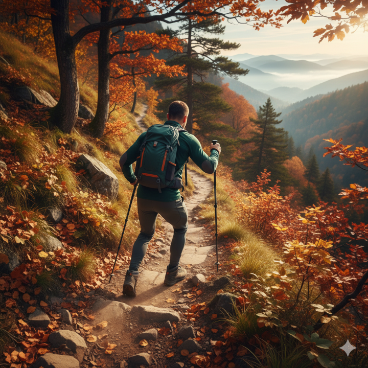 등산 중 경사진 길을 힘차게 오르는 사람의 뒷모습