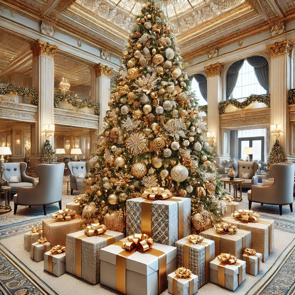 호텔 로비에서 대형 크리스마스 PE트리와 황금 장식