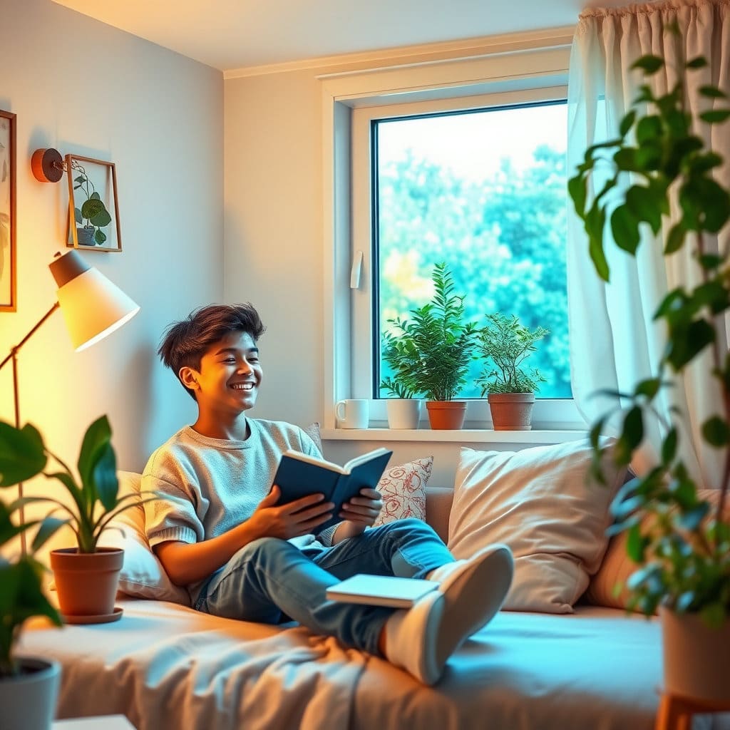 깨끗하고 아늑한 방 안에서 청년이 미소를 지으며 책을 읽거나, 차를 마시거나, 창밖을 바라보는 등 여유로운 시간을 보내는 모습을 그립니다. 방 안에는 식물이나 따뜻한 조명 등 편안함을 주는 요소들을 배치하여 안정감을 강조합니다.