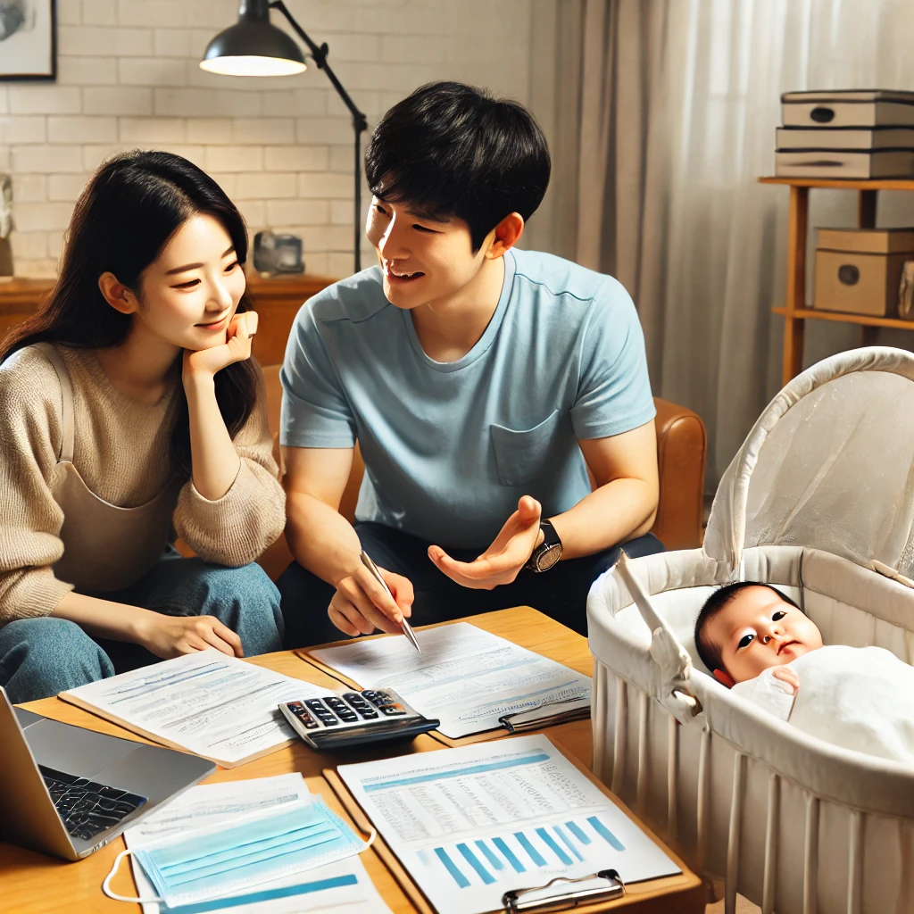 신생아 옆에서 대출 서류를 검토하는 한국인 부부