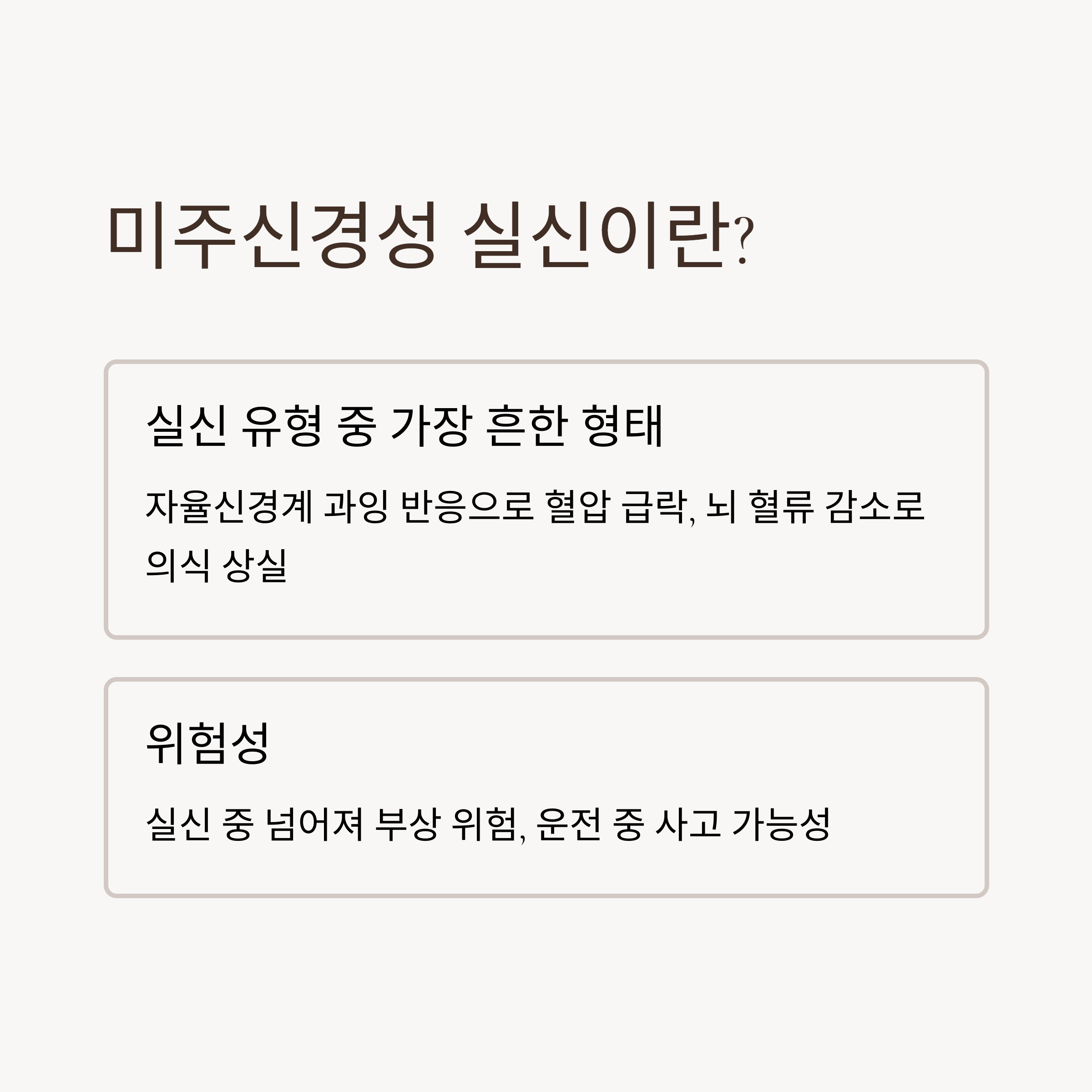 미주신경성 실신의 정의와 위험성을 설명한 인포그래픽으로, 실신 유형 중 가장 흔하며 혈압 급락과 뇌 혈류 감소로 인해 발생함을 설명함