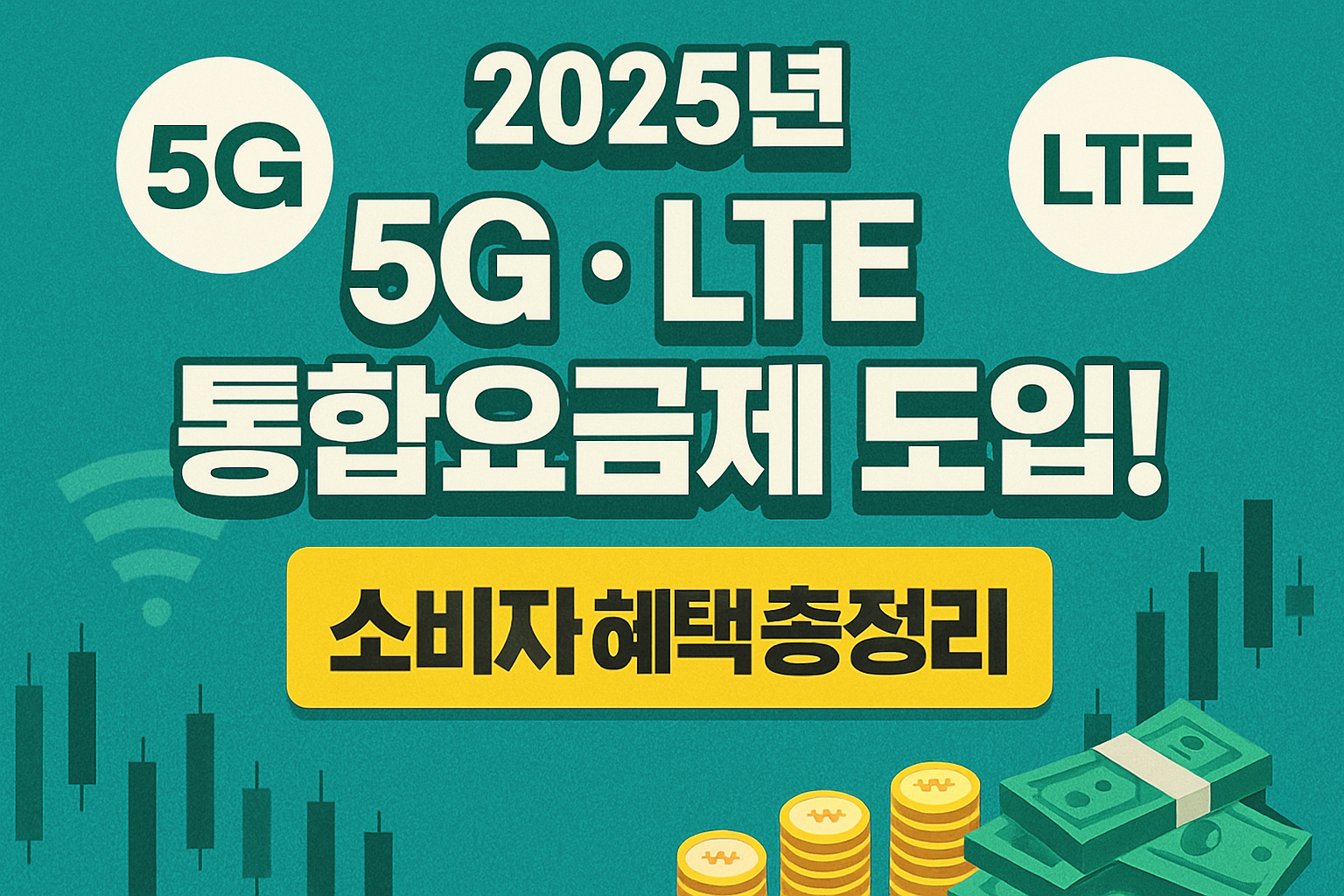 "2025년 5G&middot;LTE 통합요금제 도입! 소비자 혜택 총정리라는 문구가 적힌 그래픽 썸네일, 파란색 배경에 5G와 LTE 로고, 금전적 혜택을 상징하는 동전과 지폐 일러스트가 포함된 현대적 디자인"