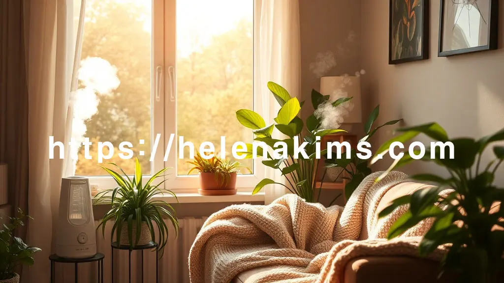 가을 햇살이 은은하게 비치는 아늑한 실내. 한쪽에서는 가습기가 부드러운 수증기를 뿜어냅니다. 깔끔하게 정돈된 공간과 녹색 식물이 어우러져 쾌적하고 건강한 집 분위기를 연출하며, 담요가 놓인 소파가 포근함을 더합니다.