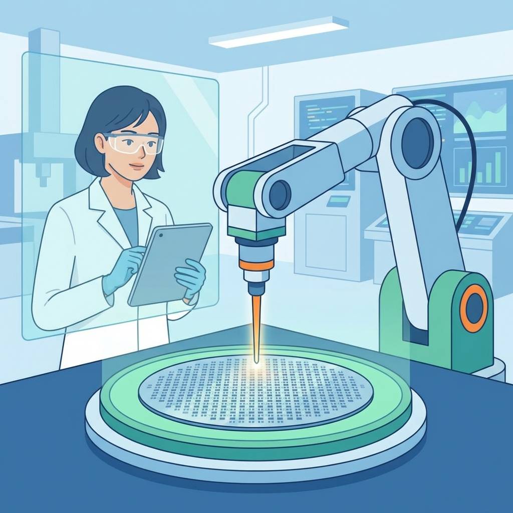 반도체 웨이퍼를 정밀 검사하는 로봇 팔과 옆에서 이를 지켜보는 한국인 여성 연구원의 벡터 일러스트