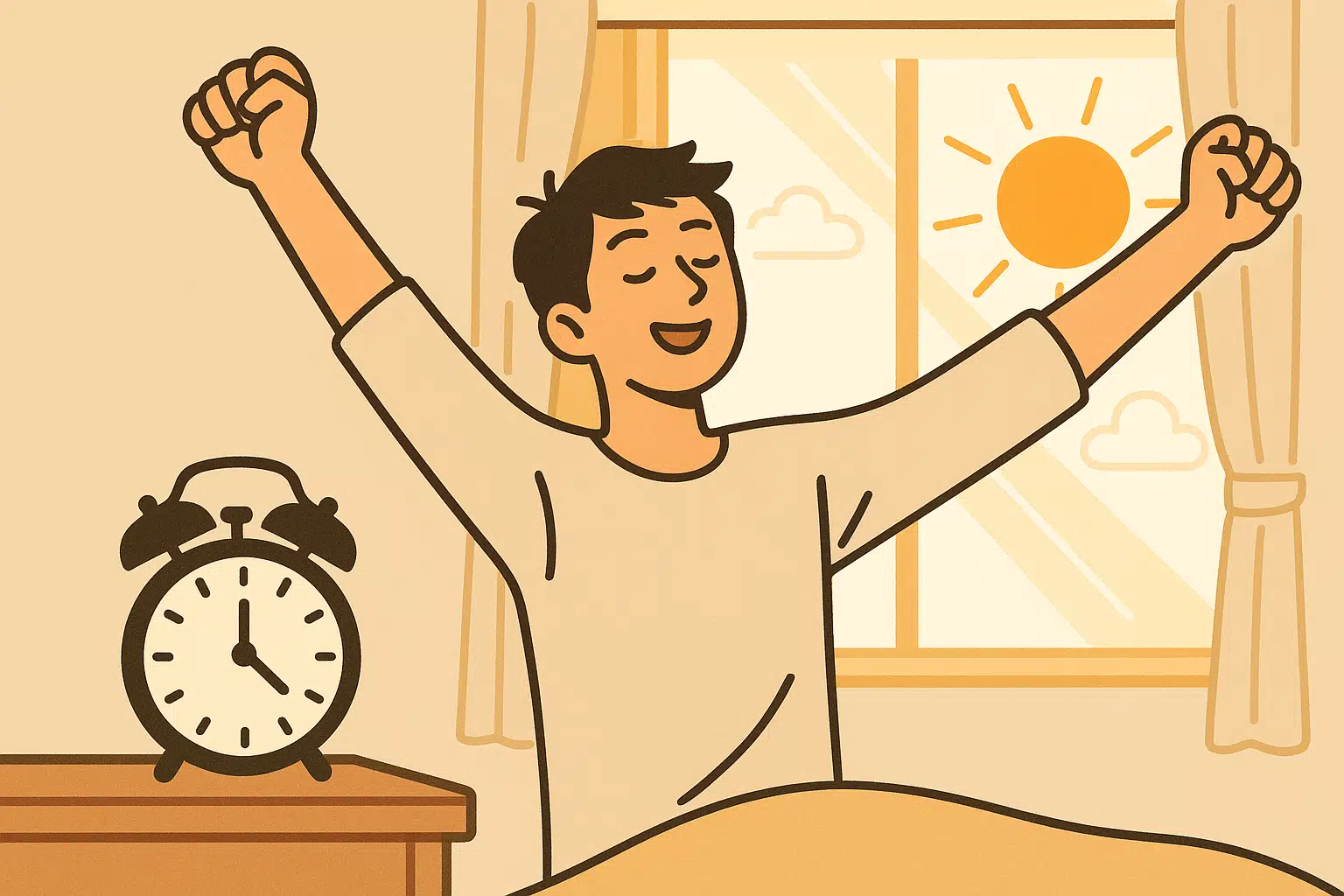 알람 시계 아이콘과 함께 매일 아침 같은 시간에 일어나는 사람, 창문으로 햇빛이 들어오고 스트레칭하는 모습