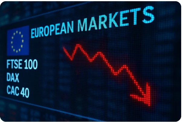 유럽 증권시장 전광판에 하락 그래프가 표시된 장면