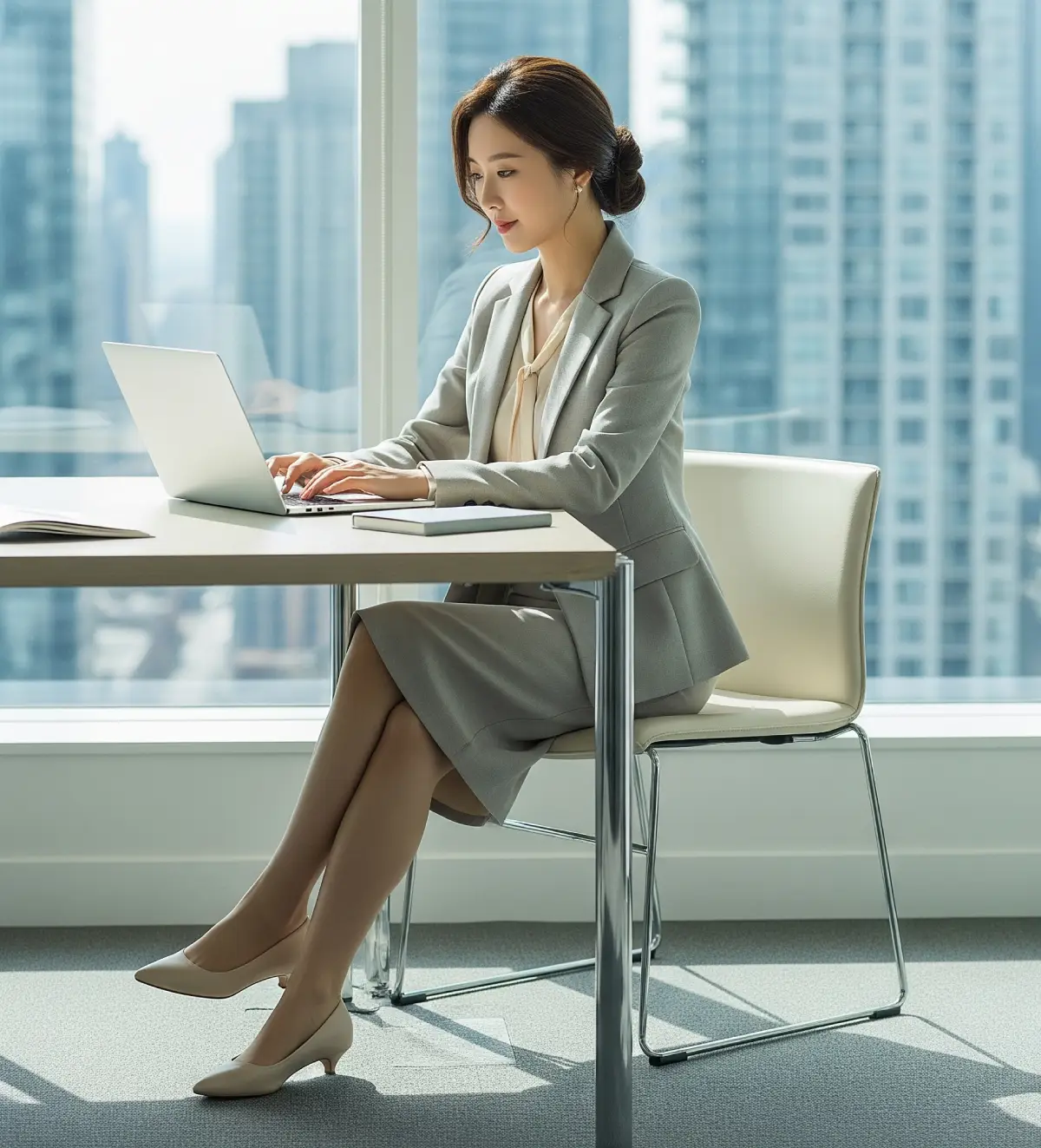 토론토 시내가 보이는 현대적인 사무실에서, 노트북으로 비즈니스 이메일을 작성하며 자신감 있는 미소를 짓고 있는 한국 여성 전문가.