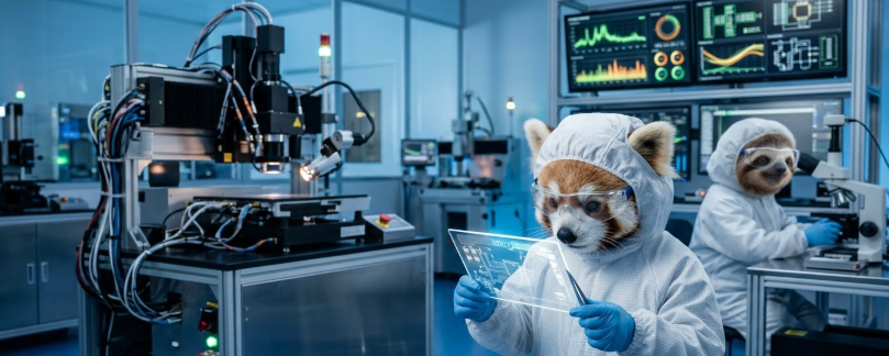 A tech company engineer in a cleanroom suit inspecting a liquid crystal panel