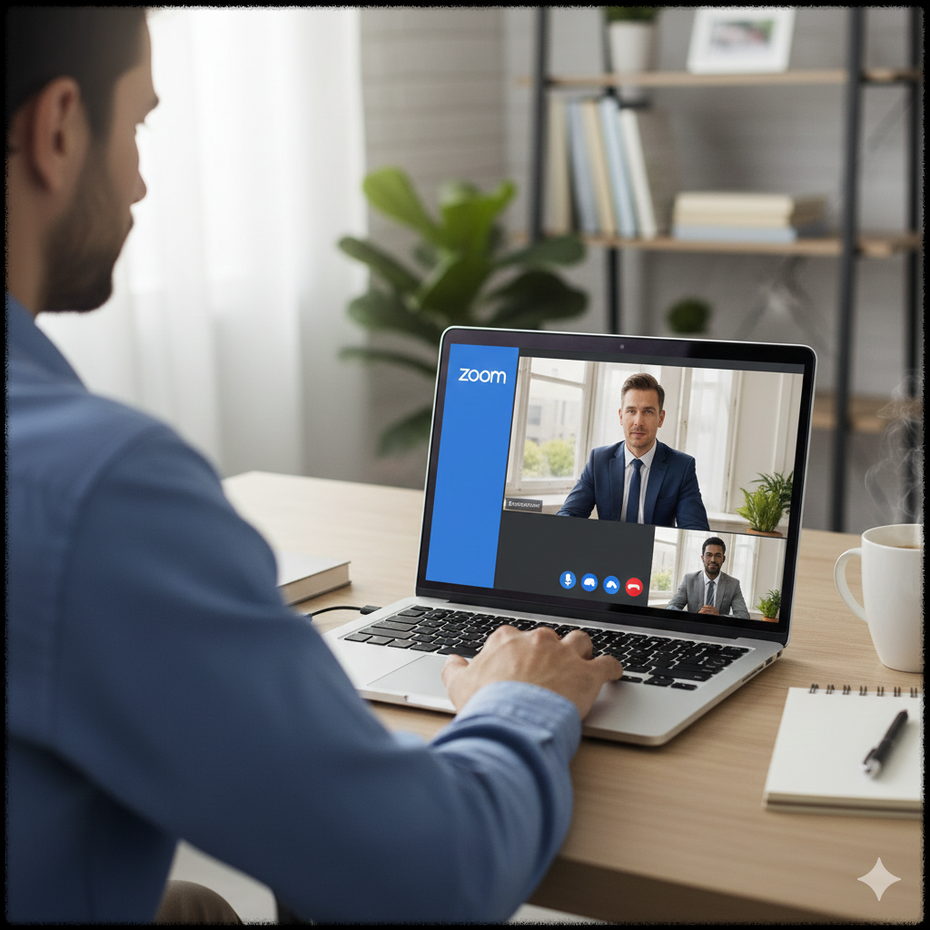 프리랜서가 Zoom을 통해 클라이언트와 화상 미팅을 진행하는 모습