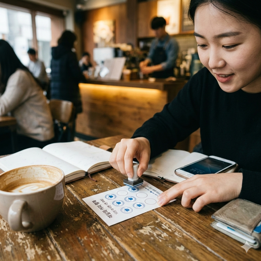 스키너의 강화계획 중 '고정비율계획'을 설명하는 정해진 횟수만큼 행동하면 보상을 준다는 것을 설명하는 대표적인 예시로 쿠폰 10개 찍는 모습