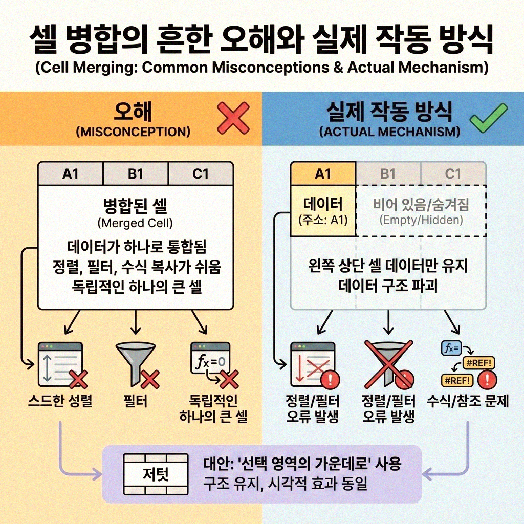 엑셀 셀 병합 후 정렬 틀어짐 속 시원하게 해결하는 방법