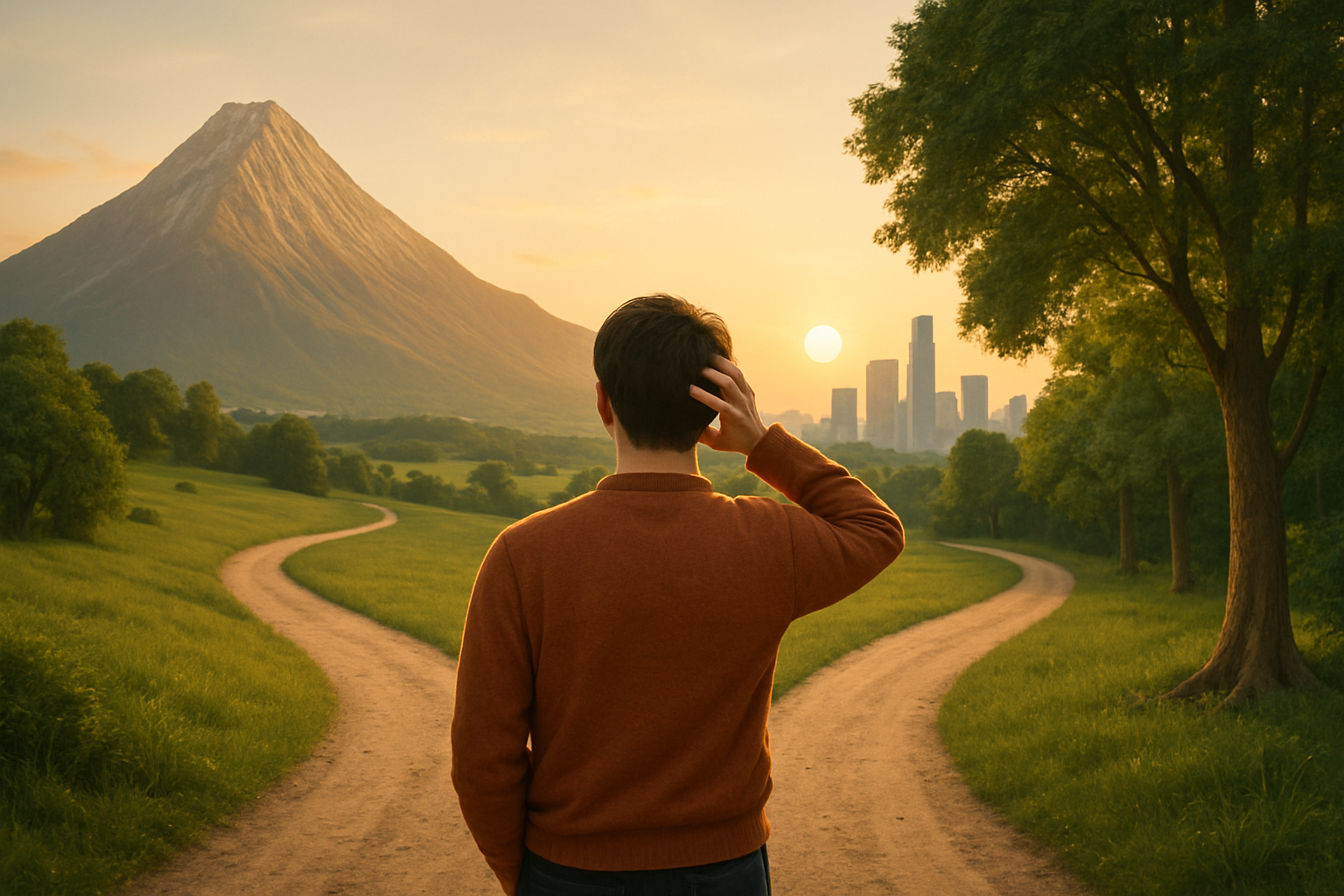 초원-갈림길-남성-왼쪽-눈덮인산-오른쪽-숲길-가운데-도시-노을-따뜻한분위기