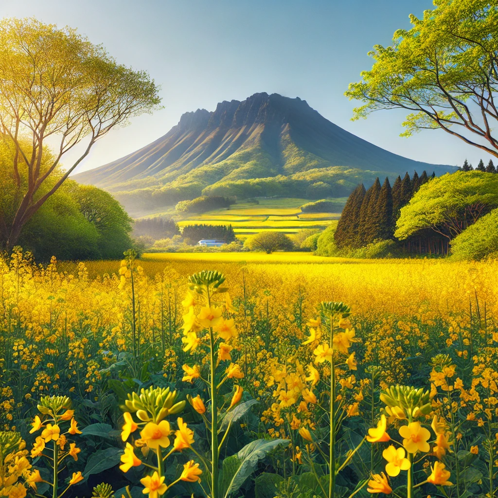 제주도의 봄 풍경, 노란 유채꽃밭과 한라산이 어우러진 생기 넘치는 장면