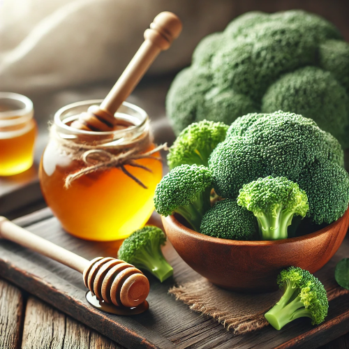나무 테이블 위에 브로콜리 한 그릇과 작은 꿀 병, 나무 꿀 디퍼가 놓여 있는 자연스럽고 따뜻한 분위기의 이미지