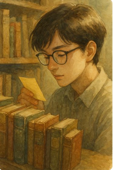 책장 사이 노란 쪽지를 조용히 읽는 눈/Eyes quietly reading a yellow note