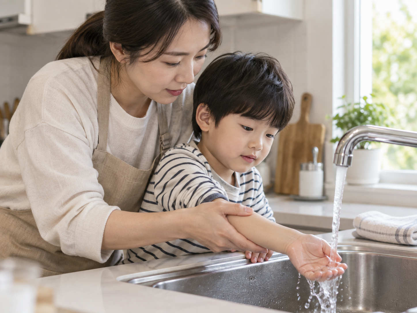아이 화상 응급처치, 흐르는 물로 식힌 뒤 병원에 갈 기준의 실제 상황을 보여 주는 대표 이미지