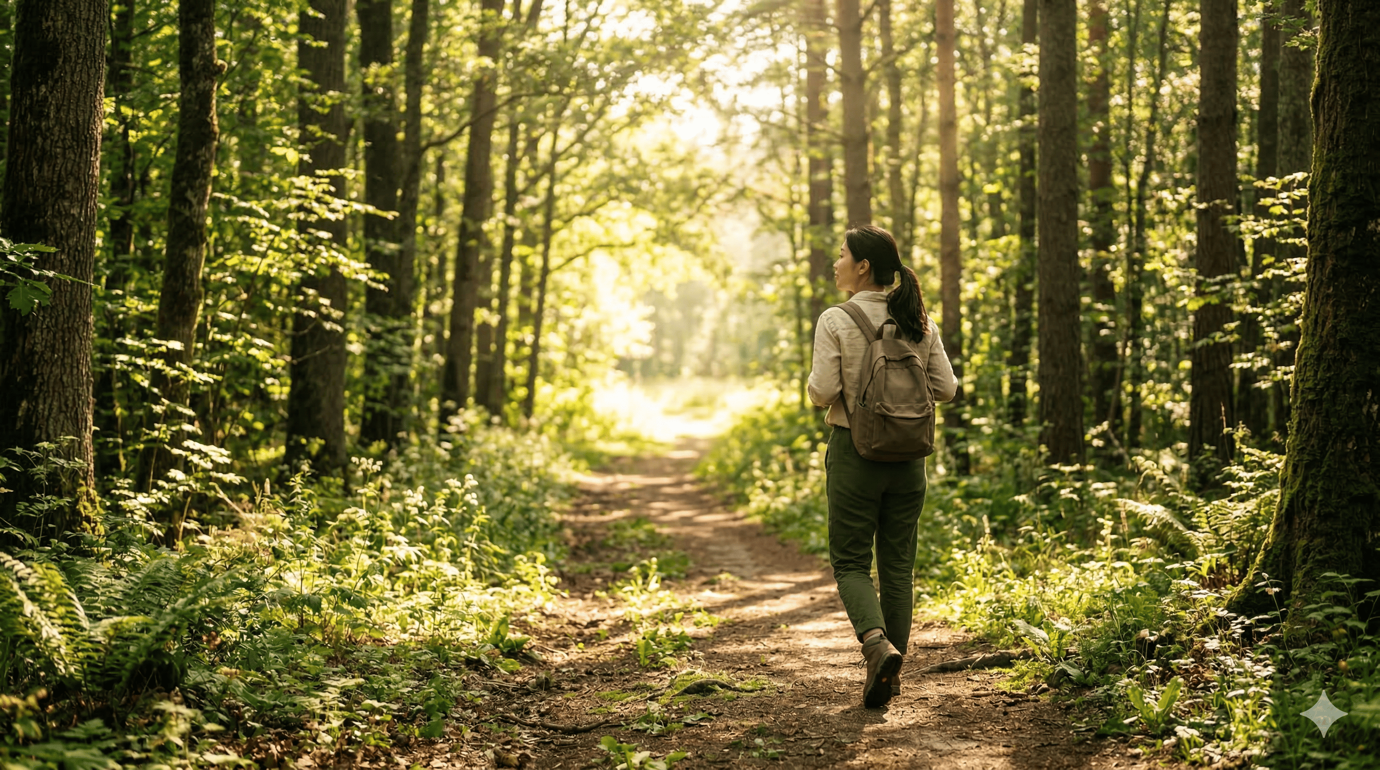 숲길을 걸어가는 한국인의 모습입니다. 새로운 기술과 도전으로 향하는 미래를 상징하는 장면입니다.