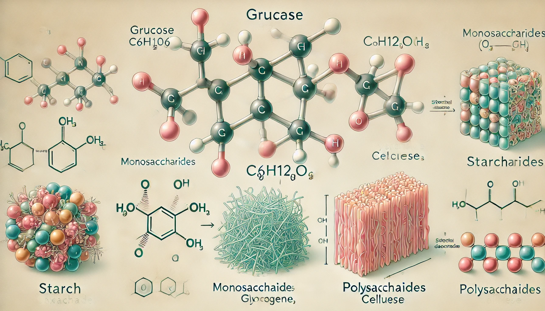 포도당(C6H12O6) 분자의 3D 구조 모델과 녹말, 글리코겐, 셀룰로오스의 분자 구조를 비교하는 과학적 다이어그램