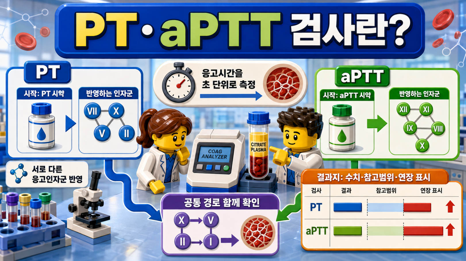 레고 스타일 혈액응고검사실에서 PT와 aPTT가 서로 다른 시약으로 시작되고 공통 경로를 함께 반영하는 검사를 설명하는 의료 포스터