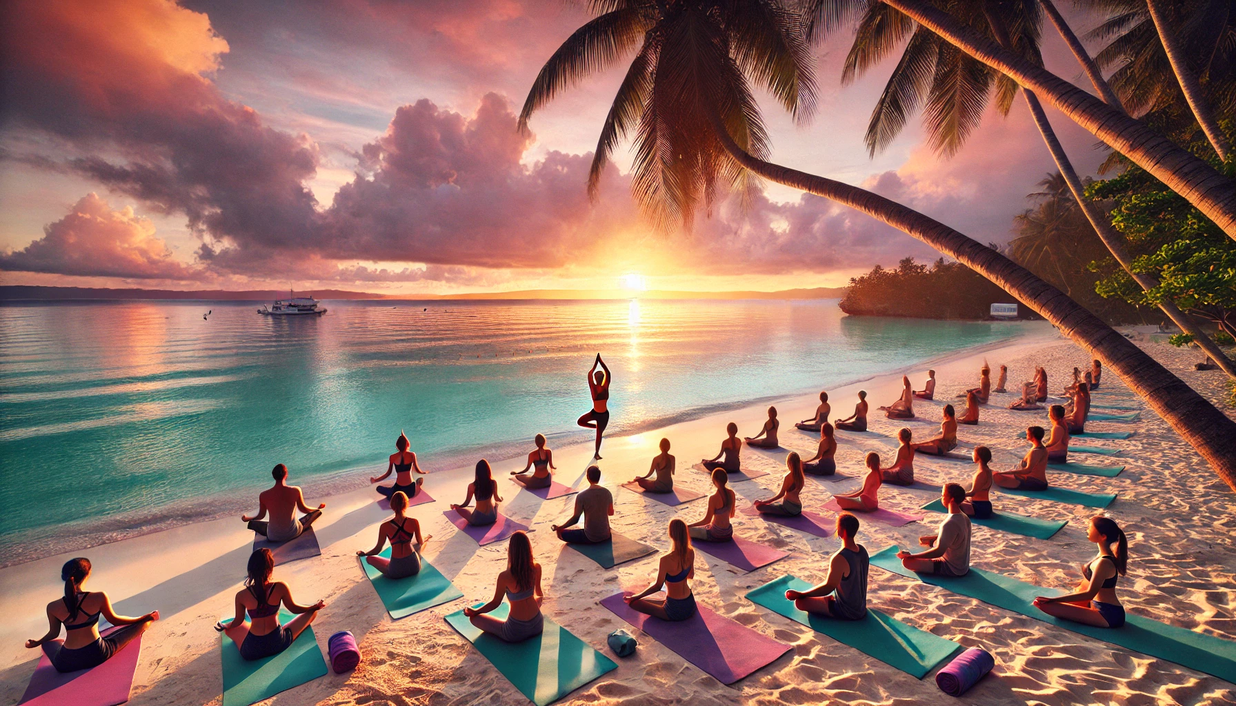 보홀의 아름다운 해변 위에서 요가 자세를 취하며 명상하는 사람들의 모습, 일출이나 선셋 배경