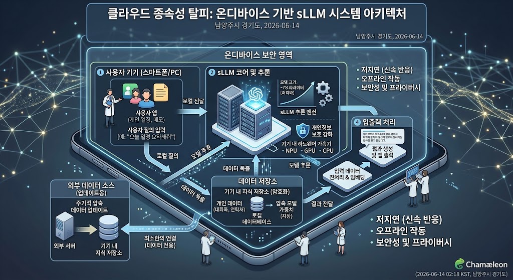 기업 환경에서 대규모 언어 모델의 클라우드 의존성을 끊어내고 로컬 하드웨어 기반의 온디바이스 AI로 전환되는 데이터 흐름