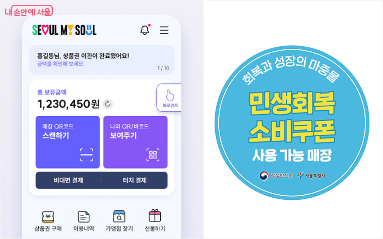 민생회복 소비쿠폰 구입가능한 서울페이+ 앱과 사용가능 매장 전용 스티커 그림입니다.
