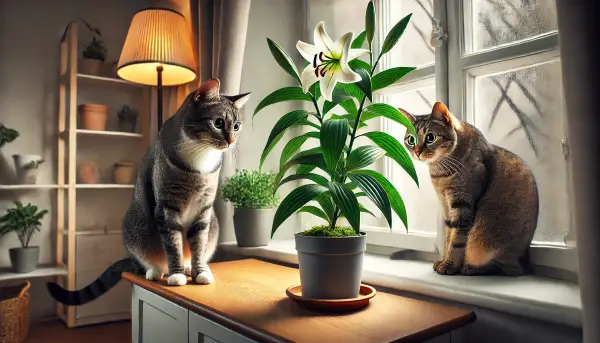 호기심 많은 고양이가 창턱에 놓인 백합 화분을 조심스럽게 살펴보는 모습. 따뜻한 실내 조명과 자연광이 어우러진 아늑한 공간에서 고양이와 독성 식물 사이의 잠재적 위험을 강조한 장면.