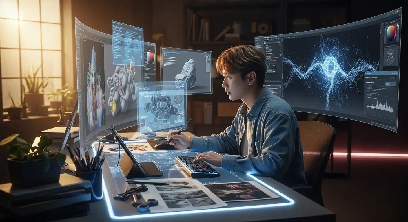 <img src="ai_supporting_human_creativity_in_art_process.webp" alt="AI가 창작자의 협력자로 함께 작업하는 장면을 표현한 이미지 입니다">