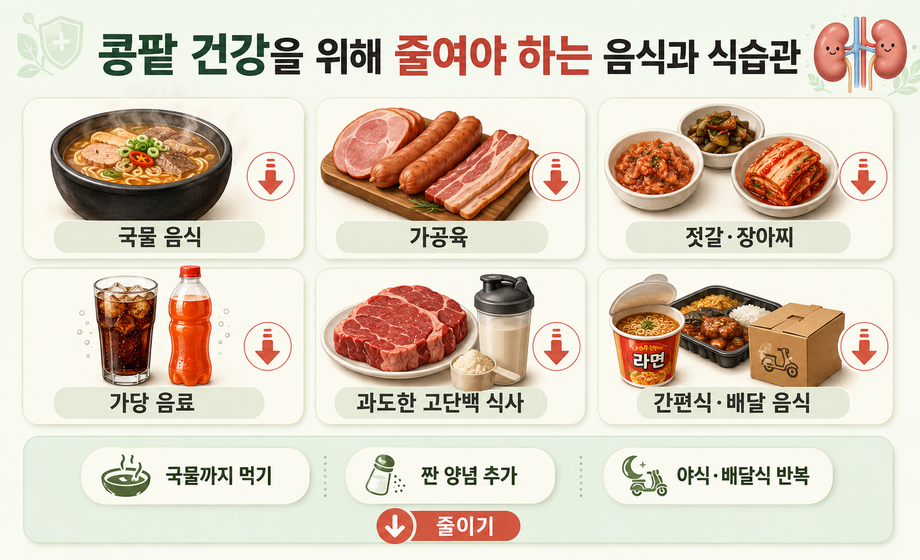 콩팥 건강을 위해 국물 음식, 가공육, 가당 음료, 간편식, 과도한 단백질 섭취를 줄여야 하는 음식 비교 이미지