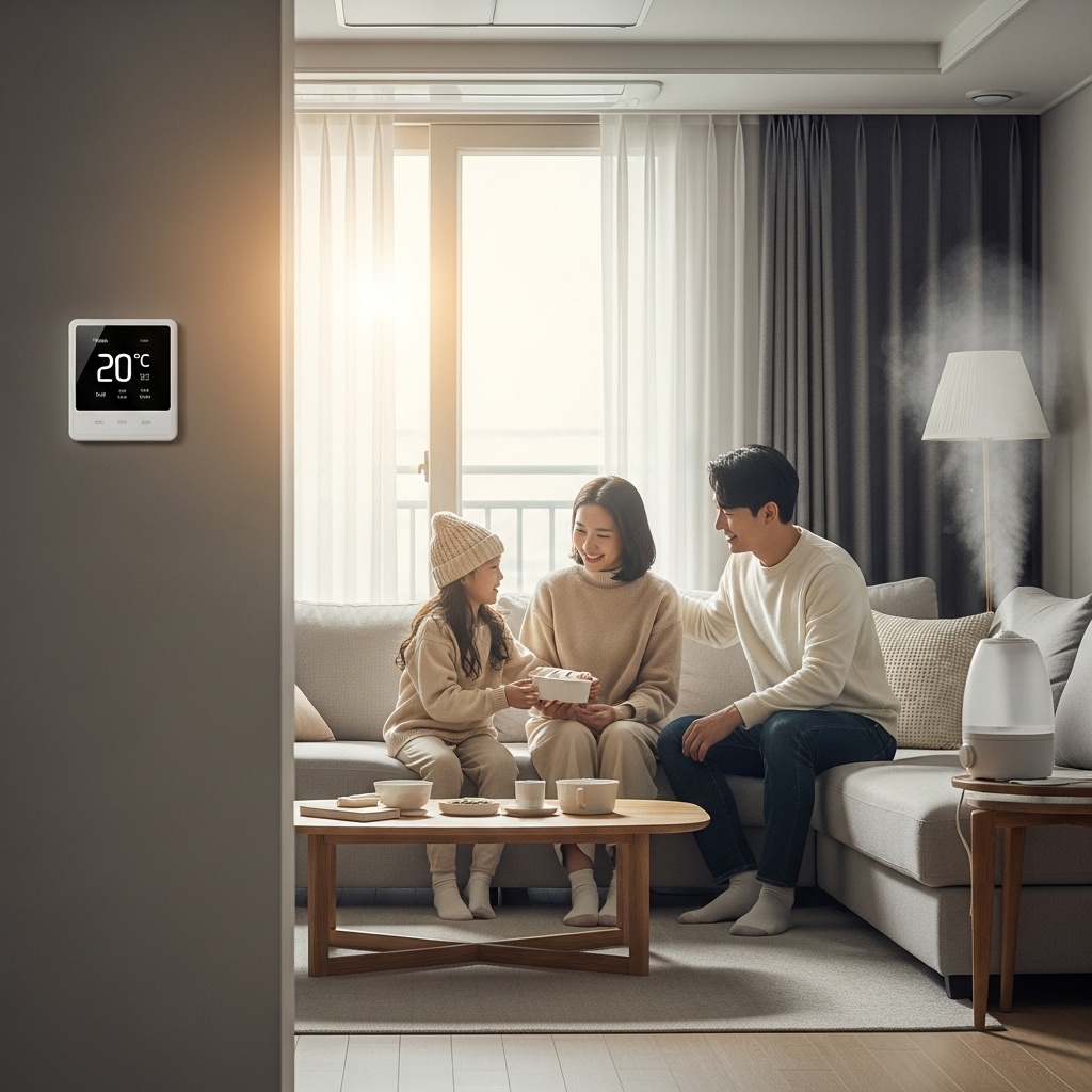 따뜻한 햇살이 드는 아늑한 거실에서 내복을 입은 가족이 편안하게 휴식하는 모습, 난방비 절약으로 포근한 겨울을 보내는 한국 가정의 풍경.