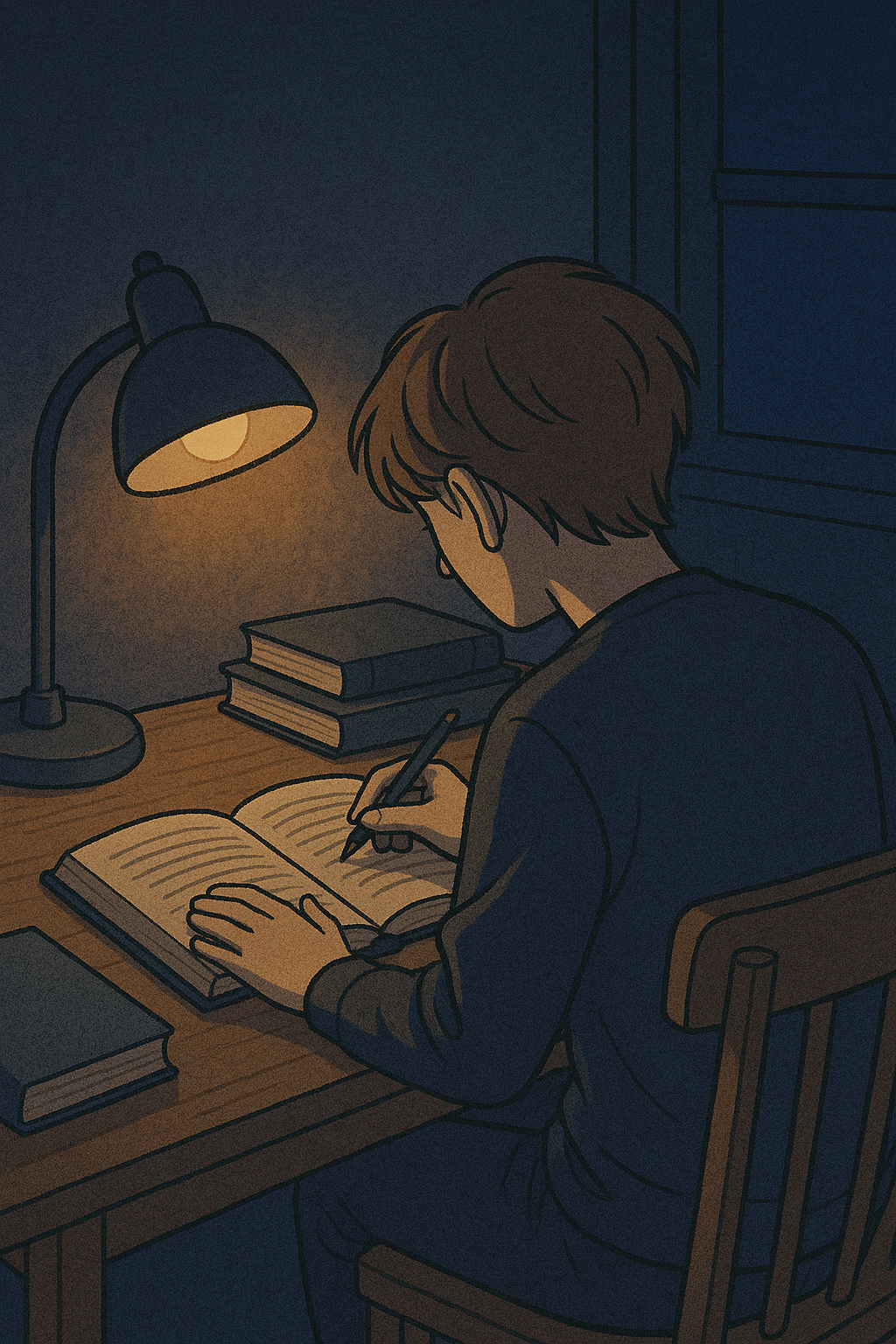 늦은 밤 책상에 앉아 스탠드 조명 아래에서 조용히 공부하는 수험생의 뒷모습, 따뜻한 조명과 어두운 방이 대조되는 집중된 학습 분위기.