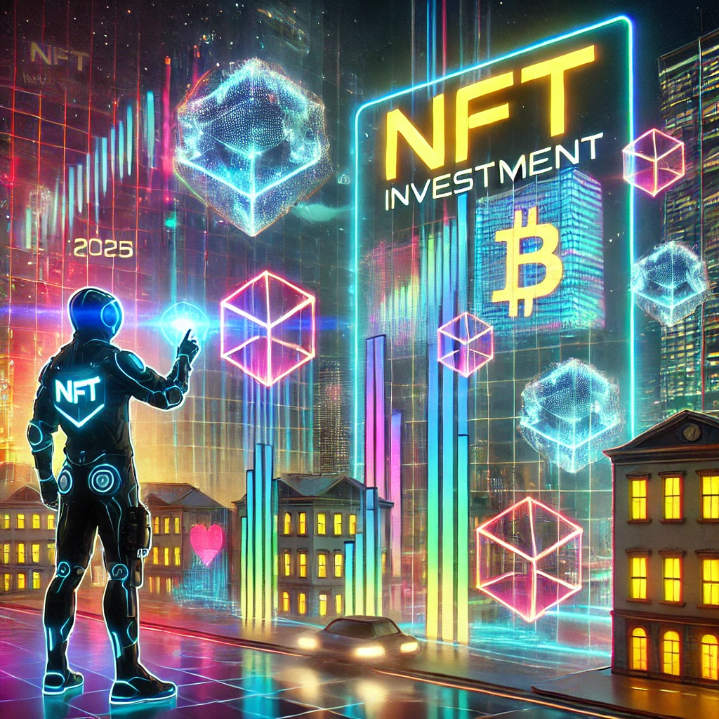 2025년 NFT 아트 투자 전망을 보여주는 미래 지향적 디지털 아트. 네온 빛이 반짝이는 도시에서 블록체인 인터페이스를 분석하는 투자자 사진