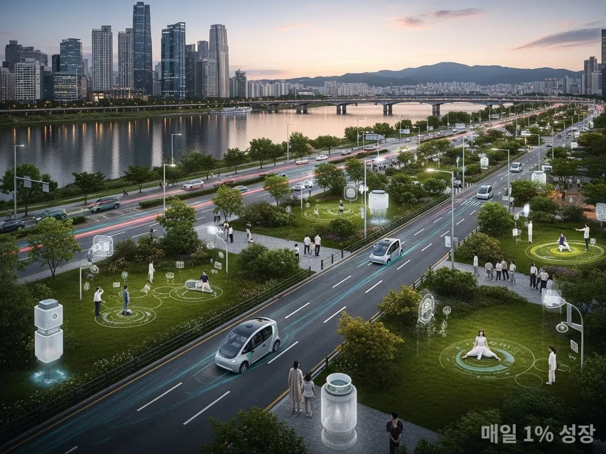 2027년 미래 정신 건강 기술이 적용된 한국 도시 풍경