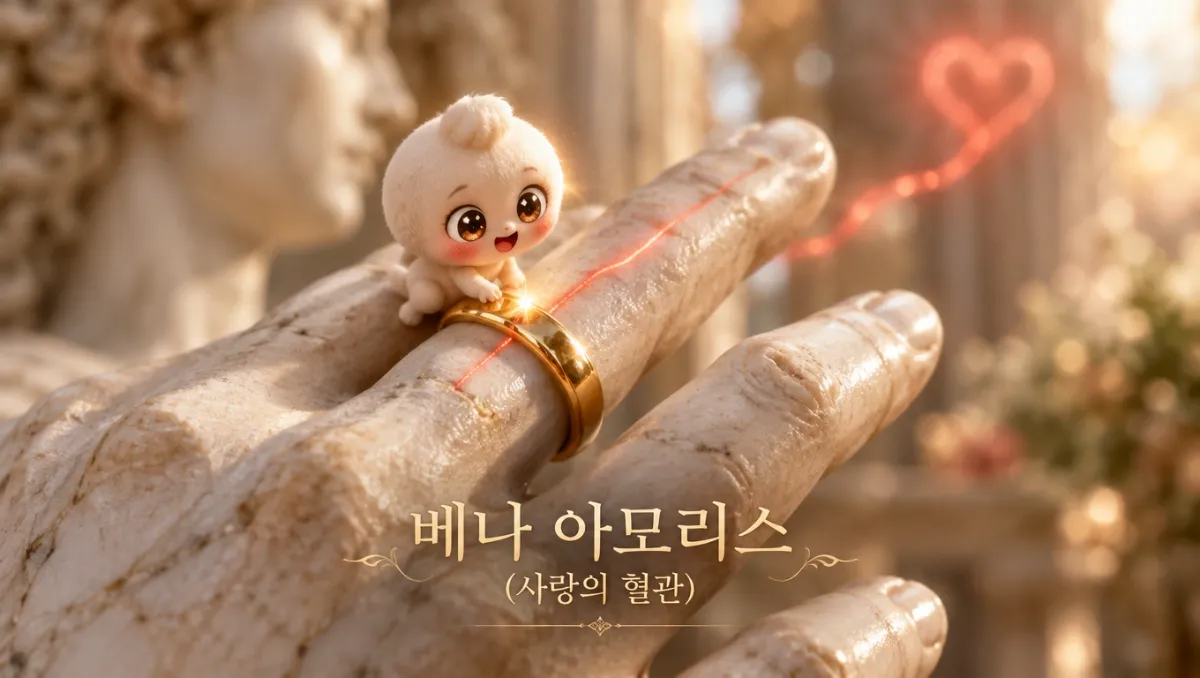 고대 로마의 사랑의 혈관 베나 아모리스와 네 번째 손가락 결혼반지 유래를 표현한 이미지