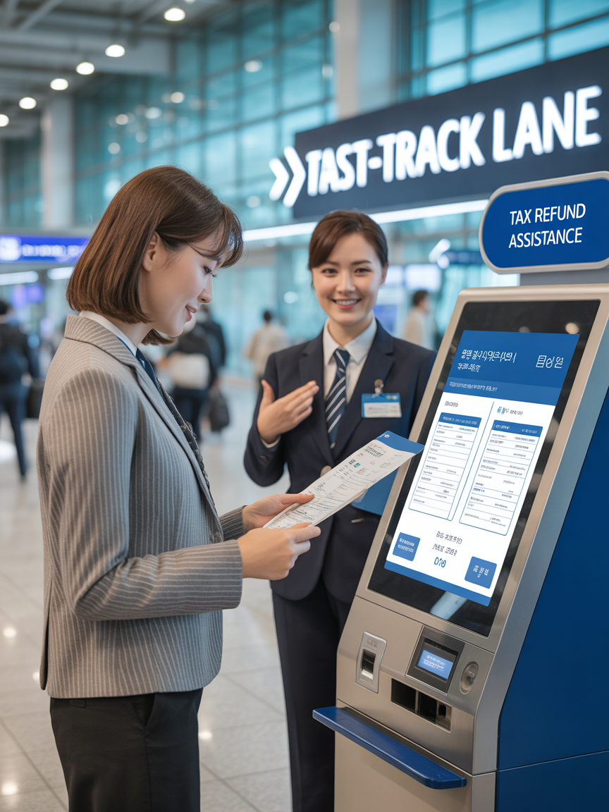 자동화기기 앞에 선 여자와 안내해주는 요원의 모습