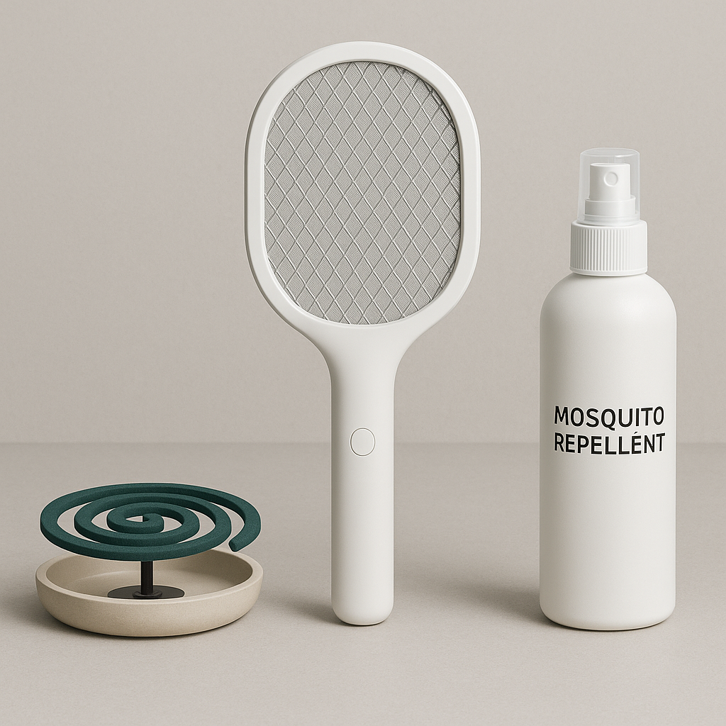 왼쪽부터 모기향, 전자 모기채, 모기 기피제