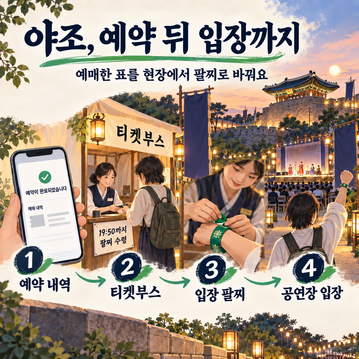 예약 내역 제시부터 티켓부스에서 입장 팔찌 교환과 공연장 입장까지 이어지는 안내 그림