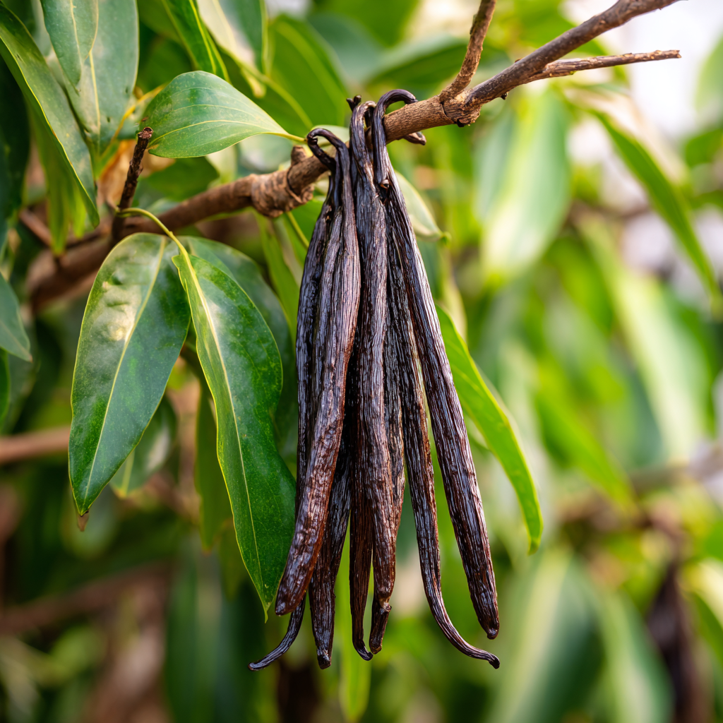 덩굴에서 매달려 익어가는 검은색 바닐라 꼬투리