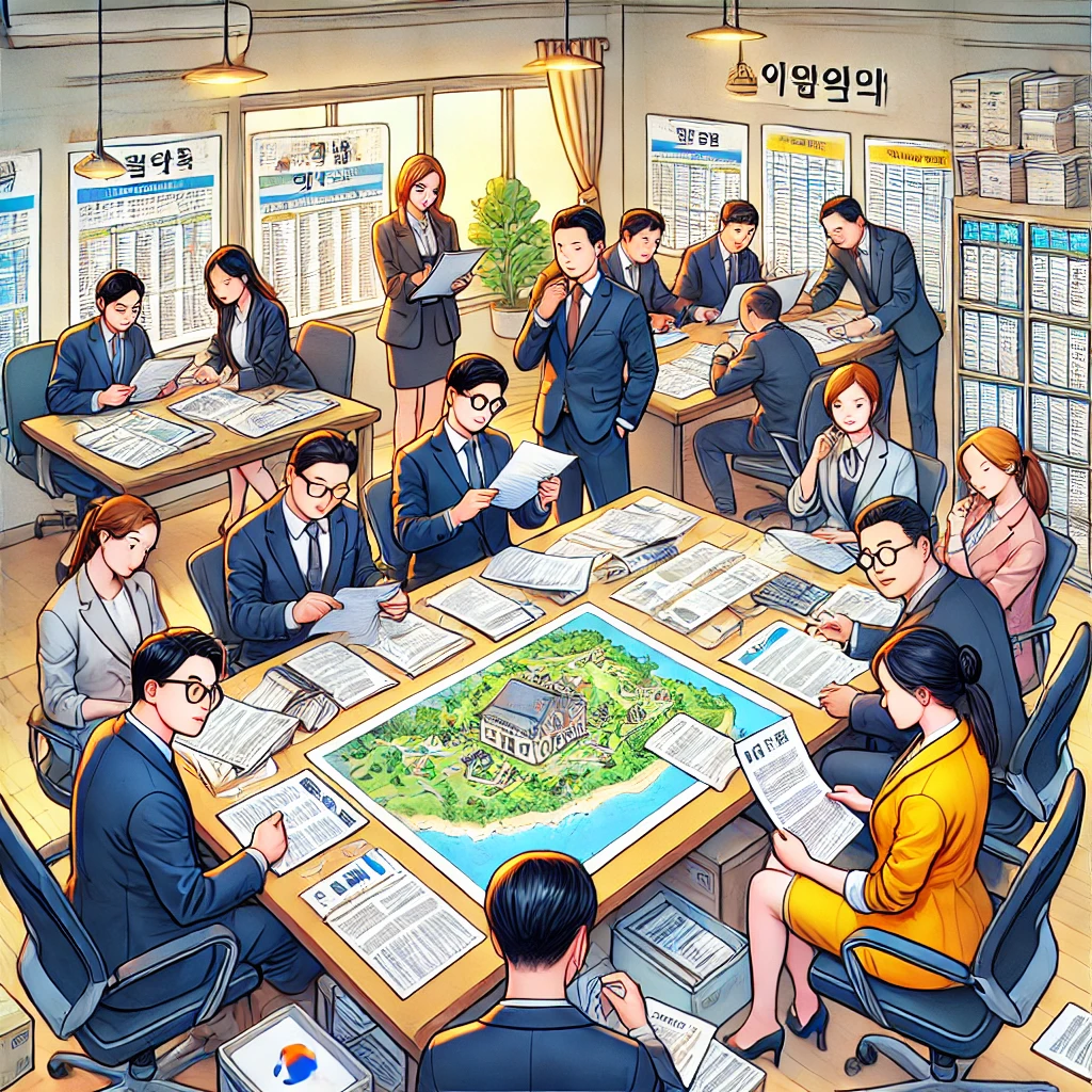 전문가들이 '지목', '용도지역', '건축제한' 용어를 포함한 문서를 논의하는 모습.
