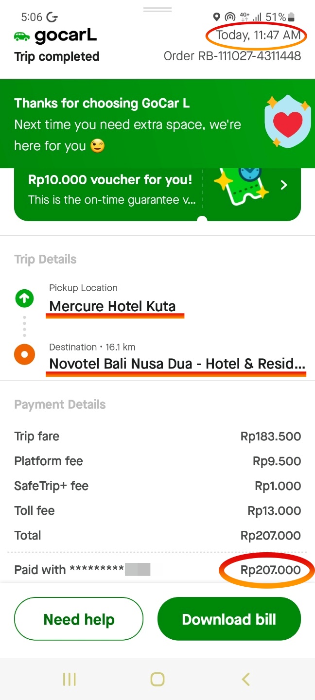 고젝에서 이용시 결제했던 금액